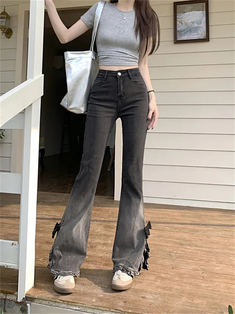 Women's Black Gray Gradient Split Design Flared Pants Street Style Bottoms Casual Denim Trousers Female High Waist Thin Jeans