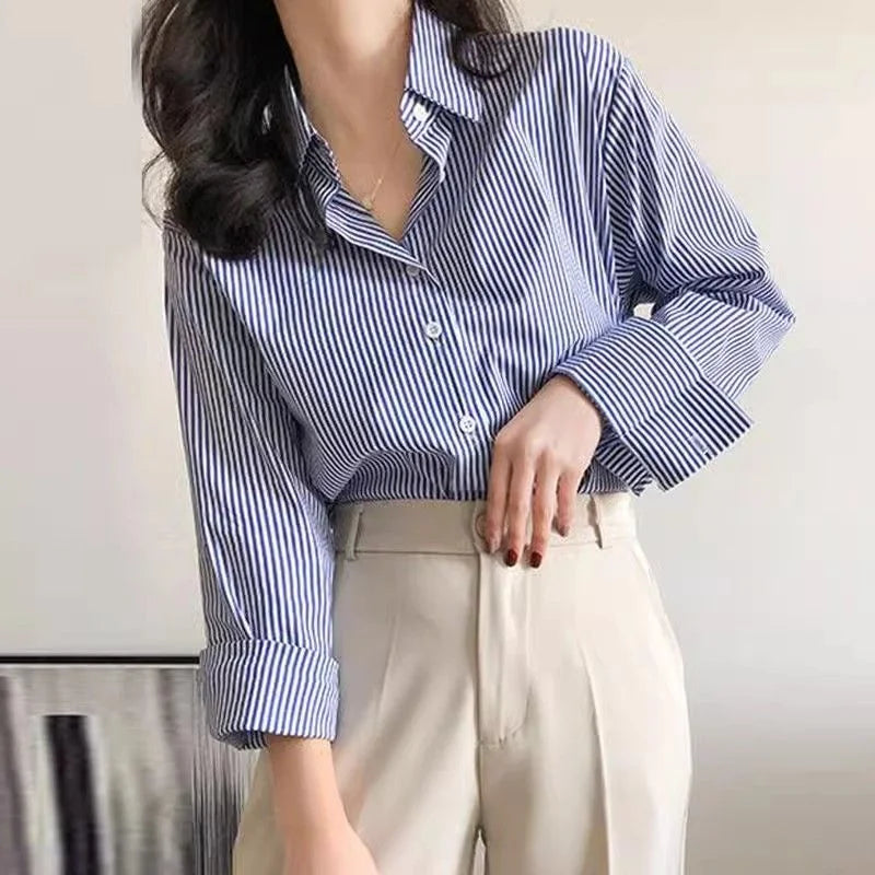 Women's Classic Striped Lantern-Sleeve Blouse – Loose-Fit Stand-Collar Top for Spring & Autumn