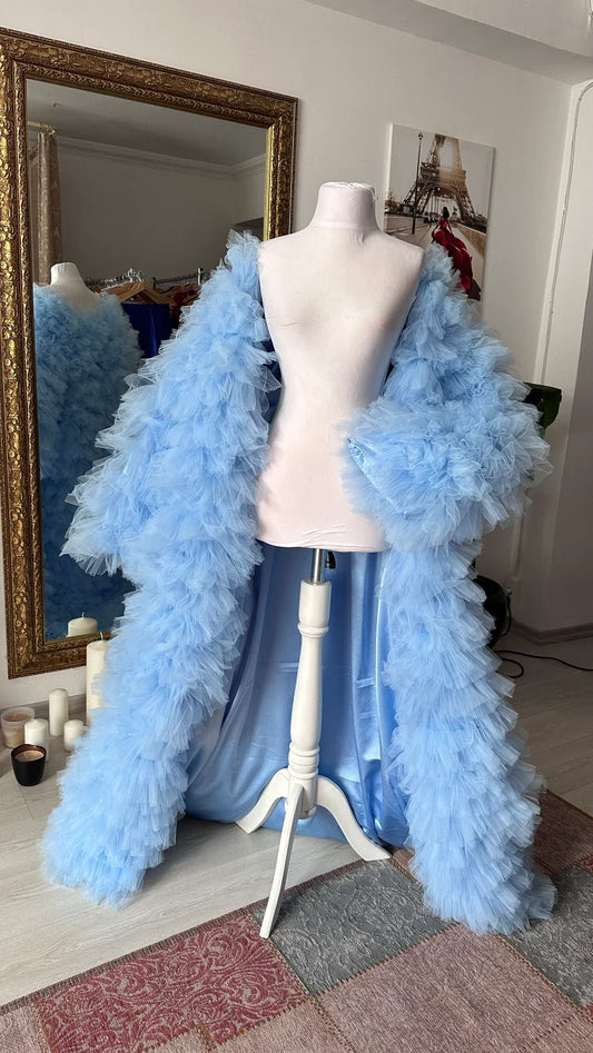 Light Blue Tulle Cape Coat for Photo Shooting Maternity Shooting Clothes Stage C