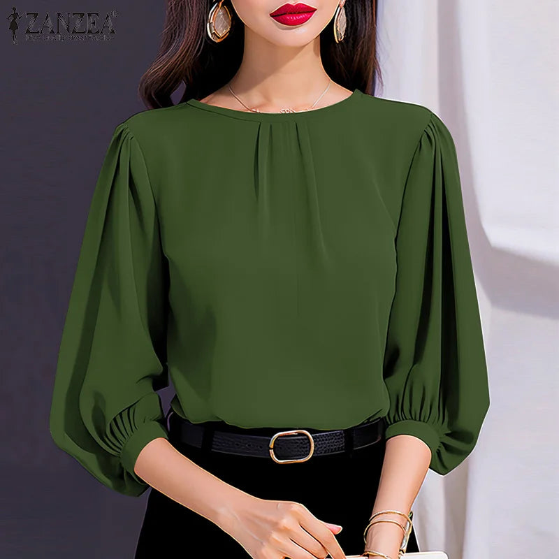 2024 ZANZEA Elegant 3/4 Lantern Sleeve Blouse – Loose-Fit Solid Top for Office, Party & Casual Summer Wear for Women