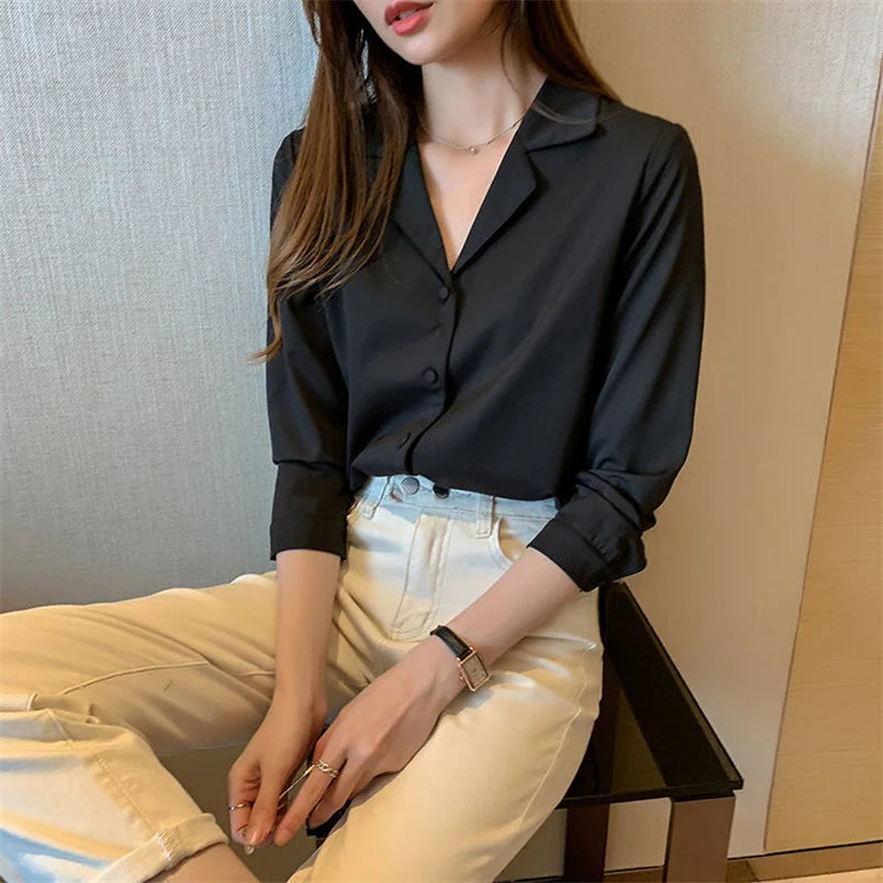 2024 Women's Long Sleeve Notched Collar Blouse – Elegant Spring & Autumn Office Wear Top (WY1003)