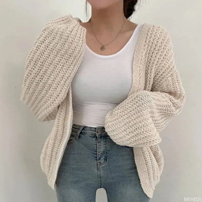 Cardigan de malha versátil casual feminino, suéter gola v, jaqueta solta, casa