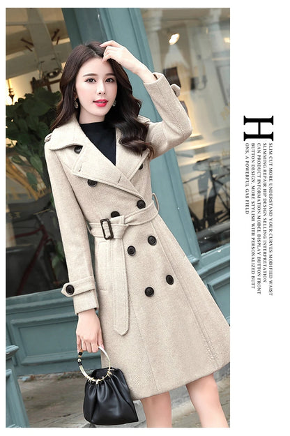 Korean Wool Blends Women Coats Lapel Double-Breasted Lined Trench Belt Ladies St