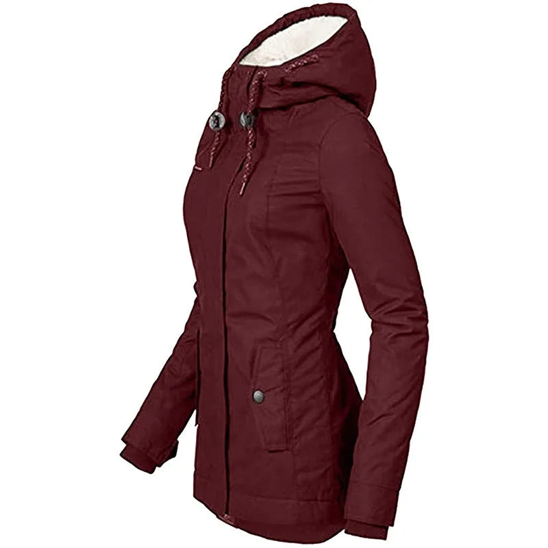 Women's Hooded Zipper Coat - Loose Parka with Pockets, Full Sleeves, Thick and Warm, Monochromatic Casual Jackets for Fall and Winter 2023