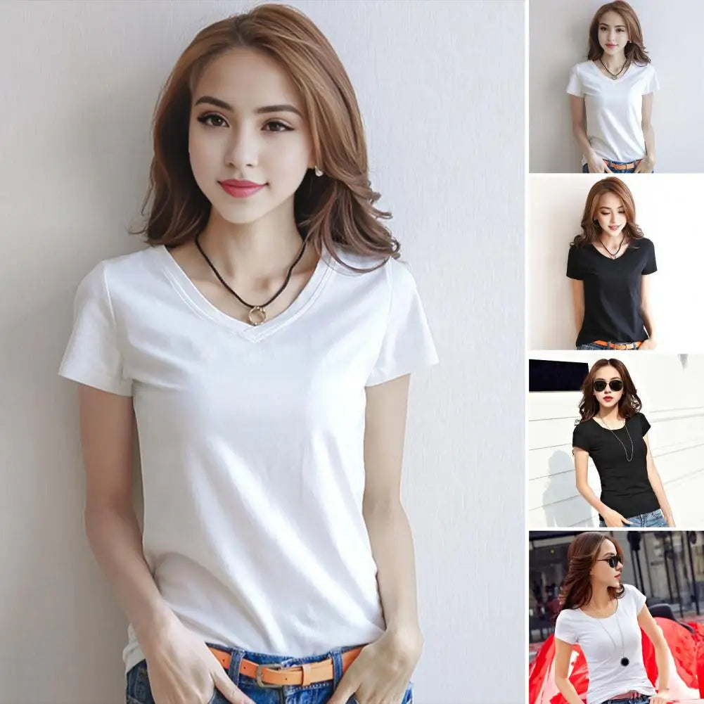 Women's Slim Fit V-Neck T-Shirt – Stretchy Solid Pullover Top for Effortless Streetwear