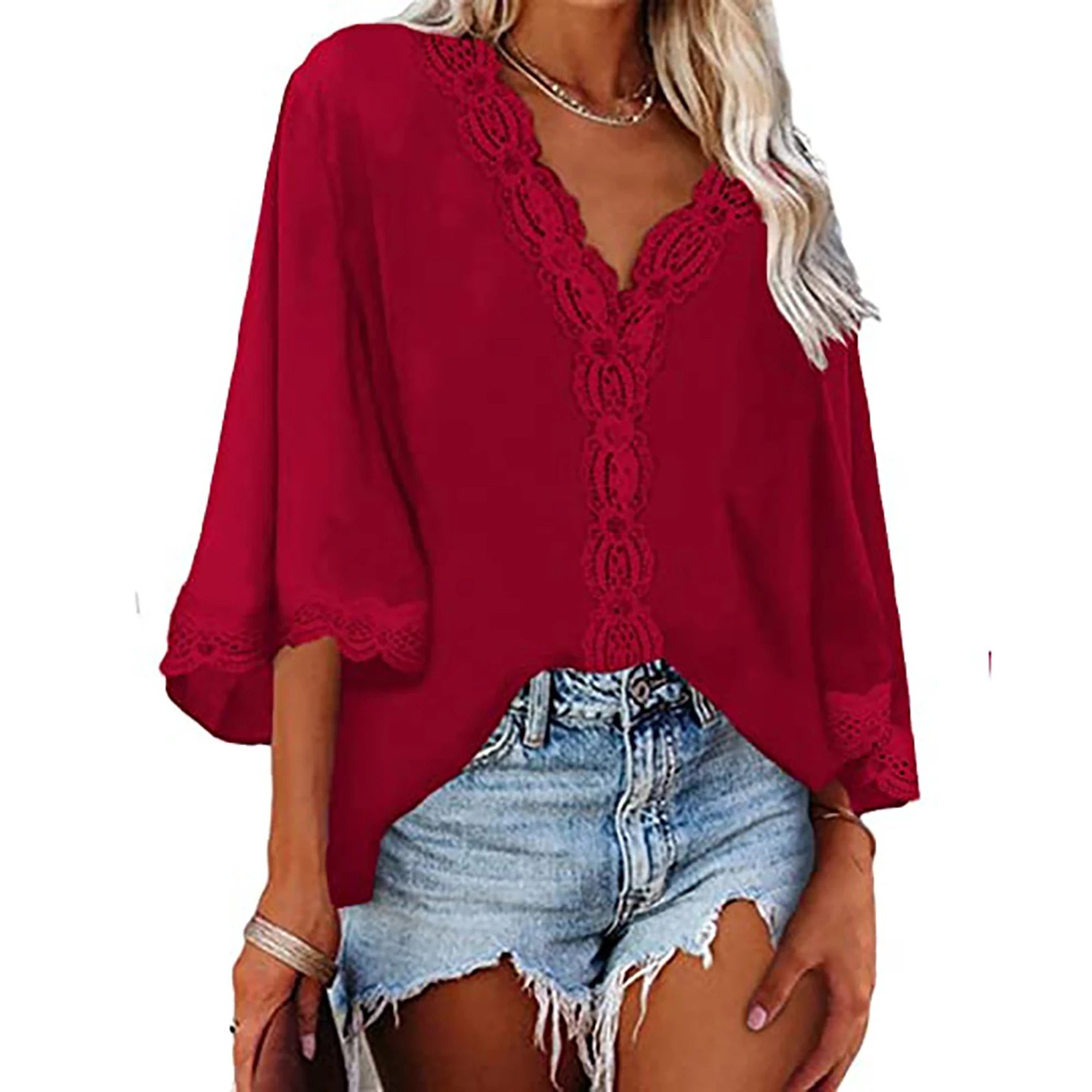 2024 Spring/Summer Flared-Sleeve Lace V-Neck Blouse – European & American-Style Loose Shirt for Women