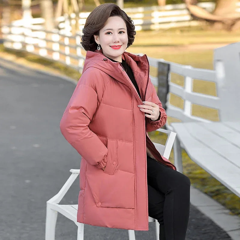 Monochrome Hooded Cotton Padded Parka for Middle-Aged and Grandmother, Long Coat with Fleece, Warm and Loose Fit, Winter Snow Coat