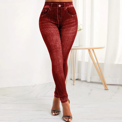 Leggings estampa feminina de elástico na cintura falsa denim, elástico, ajuste