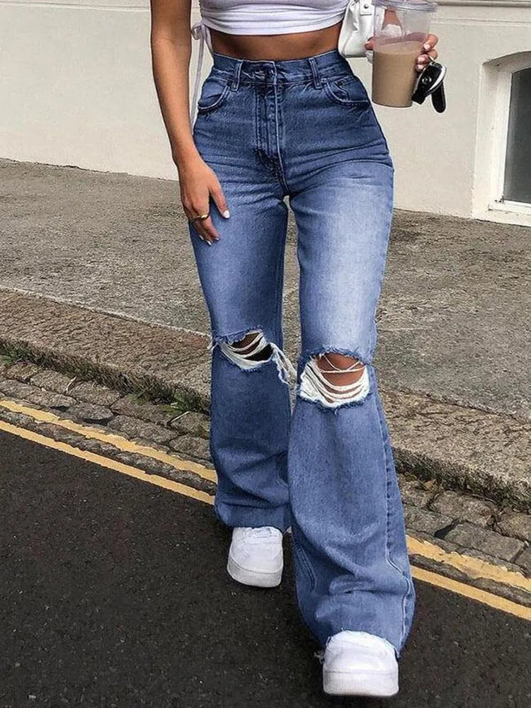 2023 New High Waist Ripped Boot Cut Jeans For Women Fashion Stretch Knee Ripped Denim Flared Pants Casual Female Trousers S-2XL