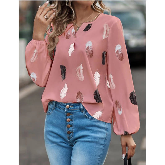 Women’s Feather-Pattern Chiffon Blouse – Elegant Long-Sleeve Fashion Top