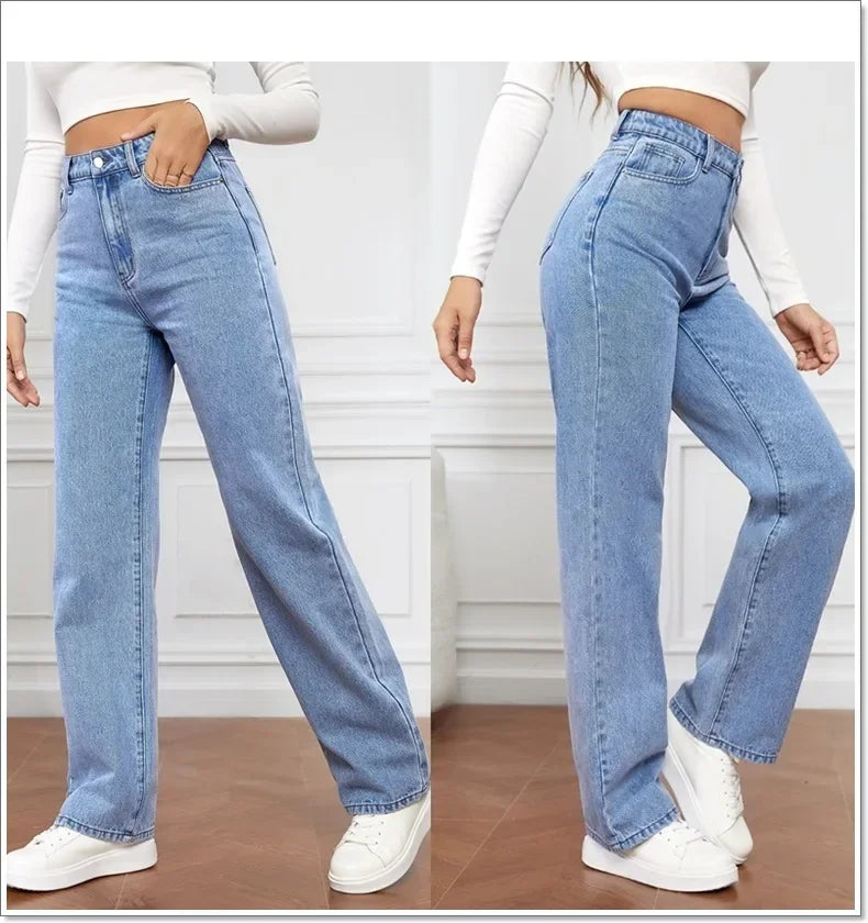 Calça jeans feminina reta de cintura alta, streetwear lavado, bolsos soltos, co