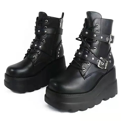 Women's PU Leather Ankle Boots – Gothic Round Toe Lace-Up Motorcycle Platform Booties for Autumn & Winter