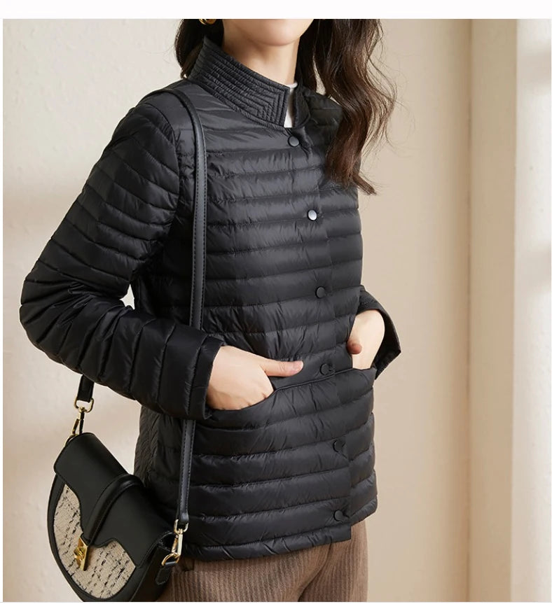 Casaco leve para baixo puffer feminino, casaco de gola em pé, fino, curto, eleg