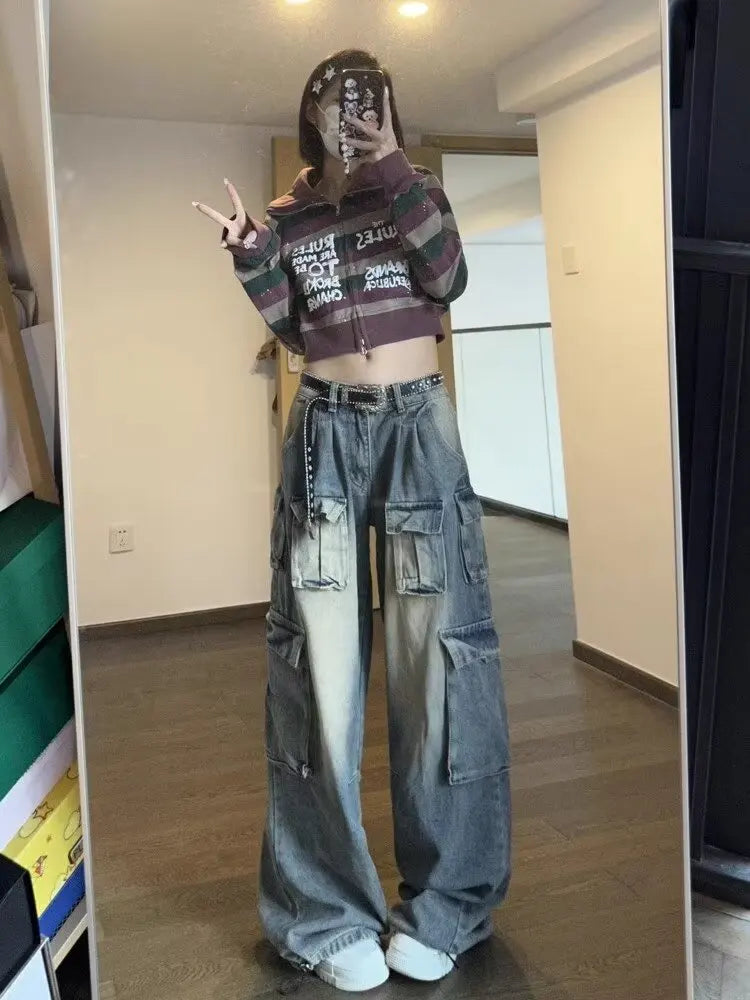 Trendy Oversized Women's Streetwear Jeans – Wide-Leg Y2K Denim Pants, Fashion Niche Design for Fall and Winter