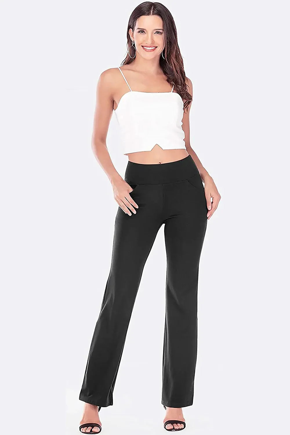 Women Flared Wide-leg Trousers High Waist Casual Yoga Pants Ladies Loose stretchy Pants With Pockets Female Career Long Trousers