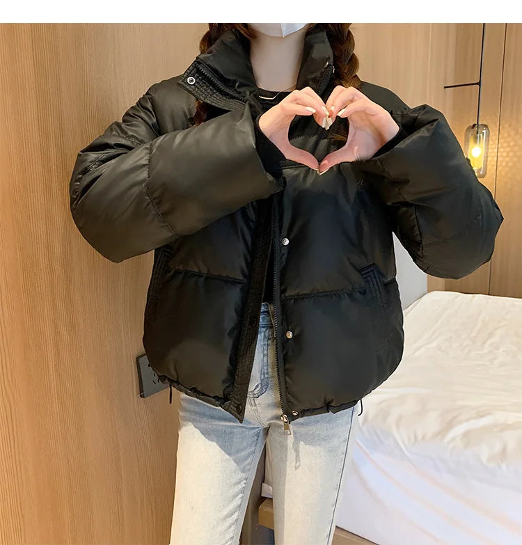 Women's PU Leather Thick Jackets - Warm Short Parkas, Quilted Cotton Black Jacket, Stylish Zipper Design, Winter Fashion 2022