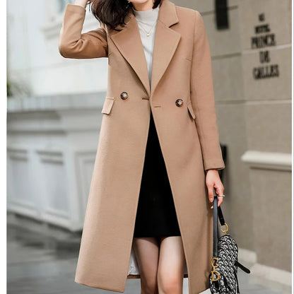 Winter Wool Blends Women's Coat Trench Pockets Solid Streetwear Lapel Coats Line