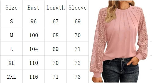 Elegant Women's Lace Blouse – Round Neck Lantern Sleeve Pleated Top for Autumn Casual Wear