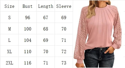 Elegant Women's Lace Blouse – Round Neck Lantern Sleeve Pleated Top for Autumn Casual Wear