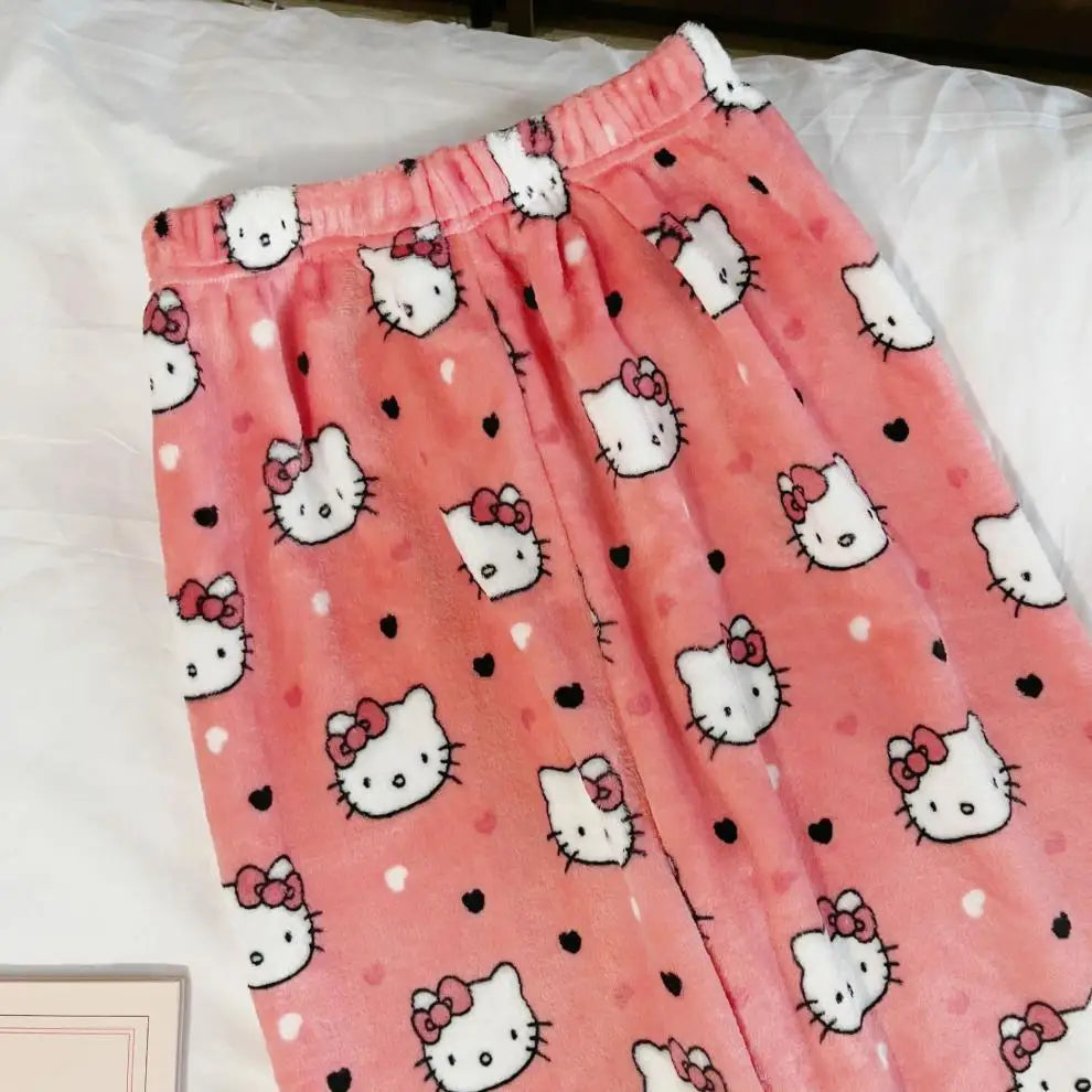 Hello Kitty Pijama de flanela feminina, calça de lã quente, anime kawaii, pret