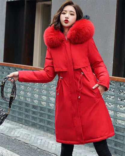 Women's Long Quilted Wool Coat with Fur Collar - Thick, Warm Winter Jacket, New for 2023, Available in 6XL