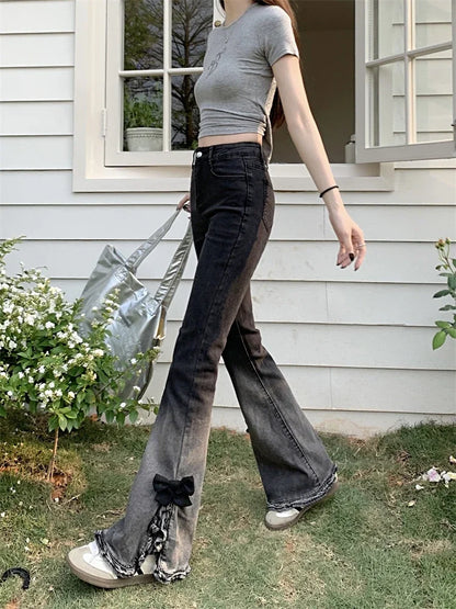 Women's Black Gray Gradient Split Design Flared Pants Street Style Bottoms Casual Denim Trousers Female High Waist Thin Jeans