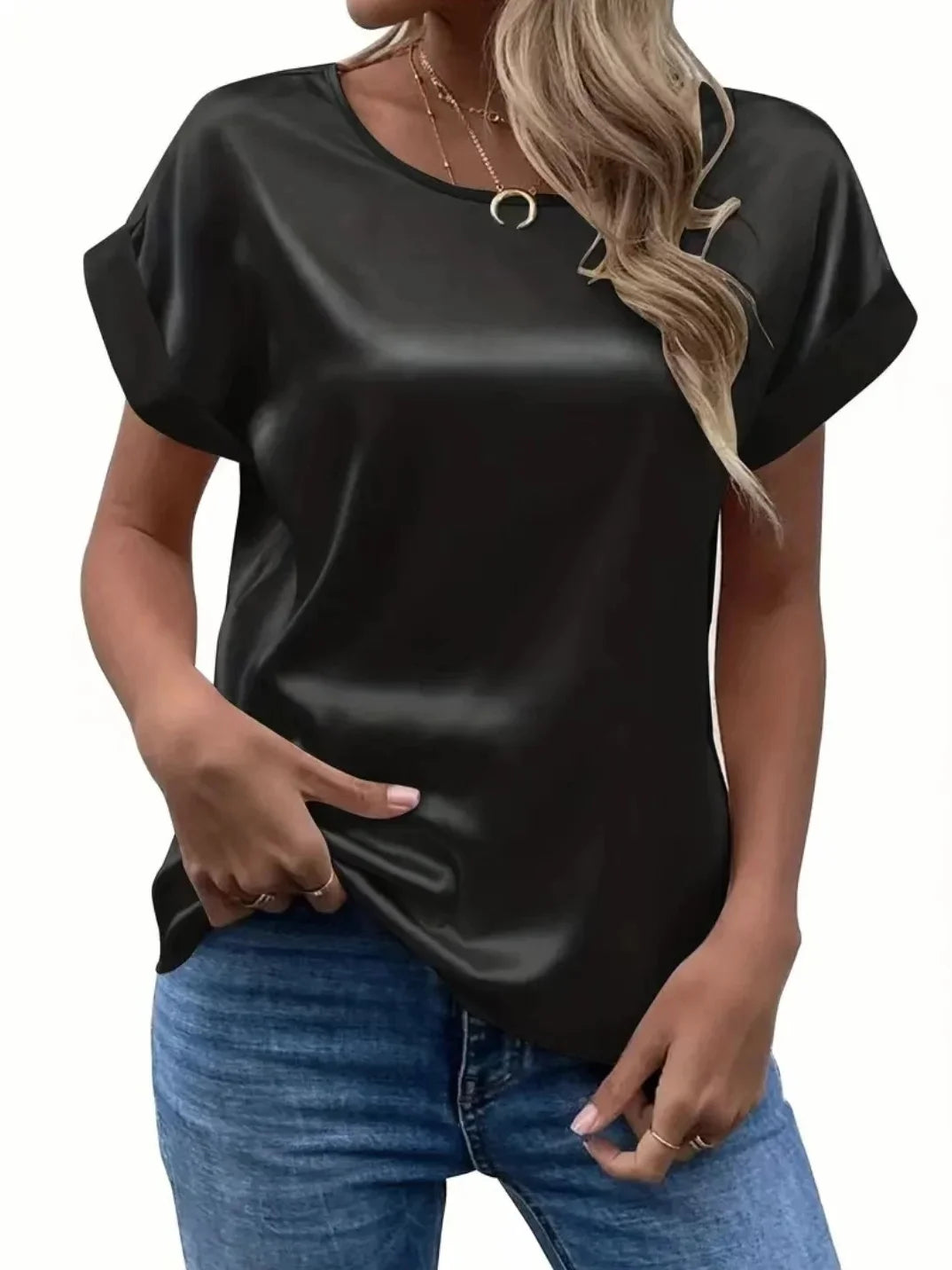 Elegant Summer Satin Blouse – Women's Casual Batwing Sleeve O-Neck Loose Top