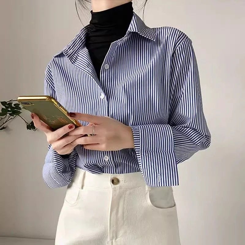 Women's Classic Striped Lantern-Sleeve Blouse – Loose-Fit Stand-Collar Top for Spring & Autumn