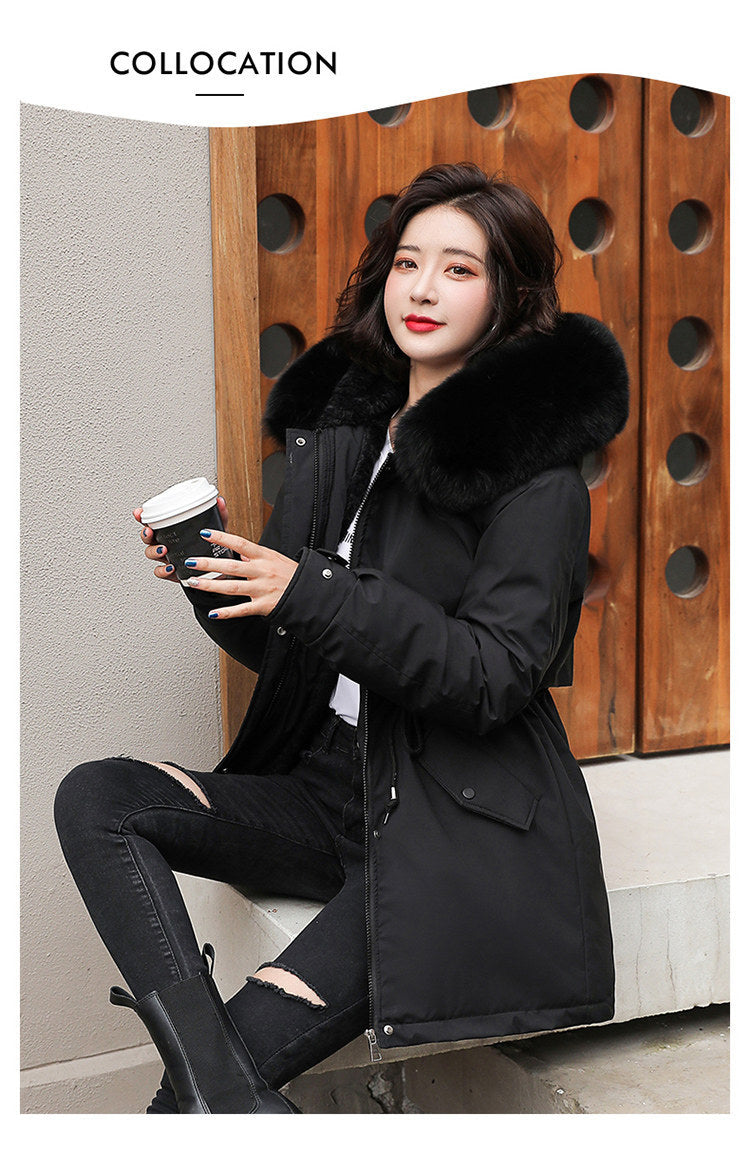 Women's Fine Wool Parka with Hood and Fur Collar, Warm Snowy Quilted Long Coat, Fashion Winter Outerwear 2023