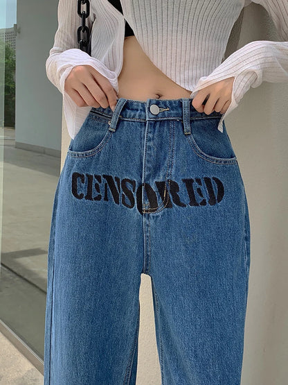 Duomofu Ins Vintage Letter Embroidery Loose Chic Bow Female Jeans Korean Fashion High Waist Slim Simple Casual S-XL Women Jeans