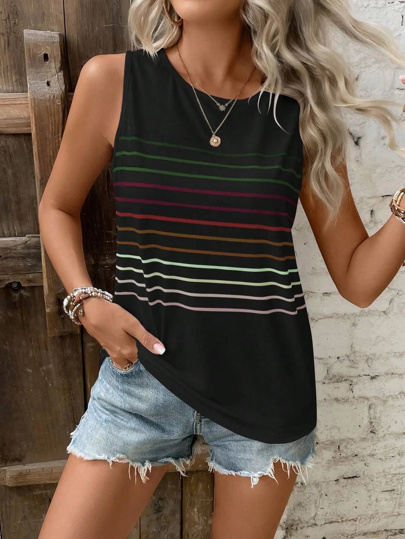 2024 Spring/Summer Women's Crew-Neck Striped Vest – Multi-Color Printed T-Shirt for Europe & America