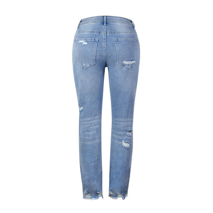 Jeans rasgado de cintura alta feminina, calça lápis stretch, moda casual stree