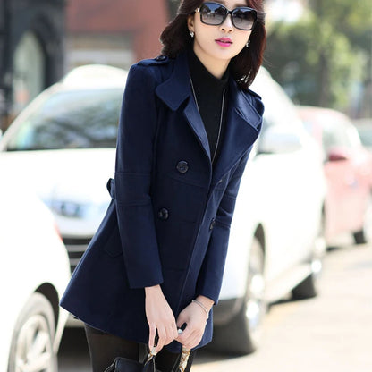 Autumn Winter Women Double Breasted Woolen Coat Solid Color Lapel Slim Fit Short