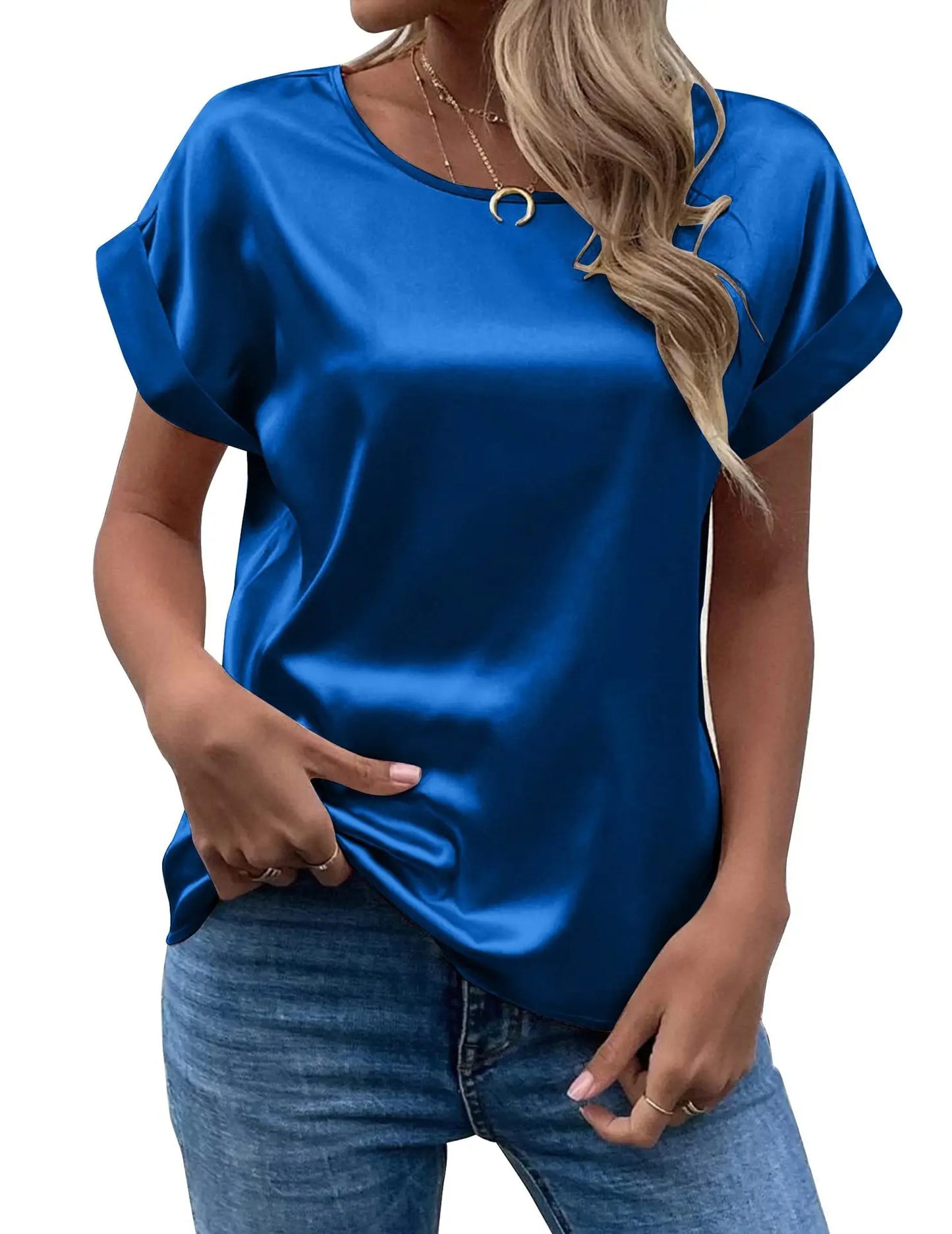 New Women's Satin T-Shirt – Loose, Short-Sleeve Round-Neck Casual Colored Top for Spring & Summer