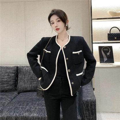 MEXZT S-3Xl Elegant Tweed Jacket Women Black Cropped Quilted Coat Vintage Patchw