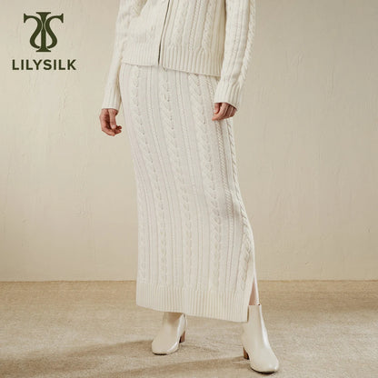 LILYSILK Wool Long Skirt for Women 2023 Fall New Cable Knit Elastic Waist Side S