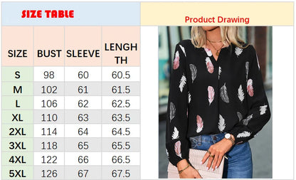 Women’s Feather-Pattern Chiffon Blouse – Elegant Long-Sleeve Fashion Top