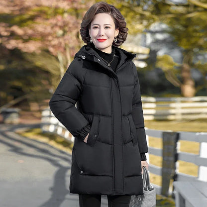 Monochrome Hooded Cotton Padded Parka for Middle-Aged and Grandmother, Long Coat with Fleece, Warm and Loose Fit, Winter Snow Coat