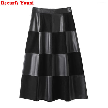 Checkered Genuine Leather Skirt for Women French Elegant Suede Leather Patchwork