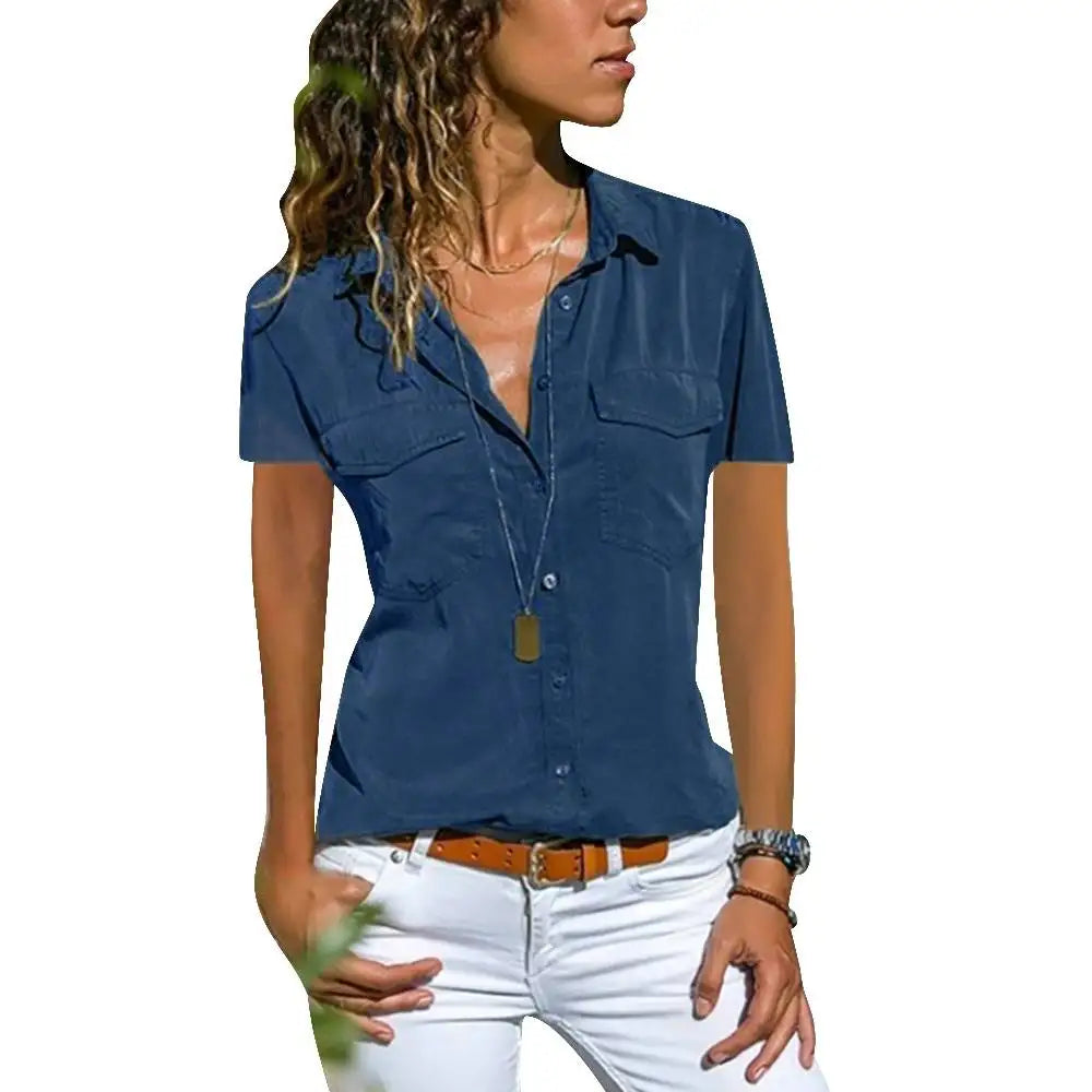 2024 Summer Elegance: Short-Sleeve V-Neck Blouse for Women – Versatile, Chic & Office-Ready