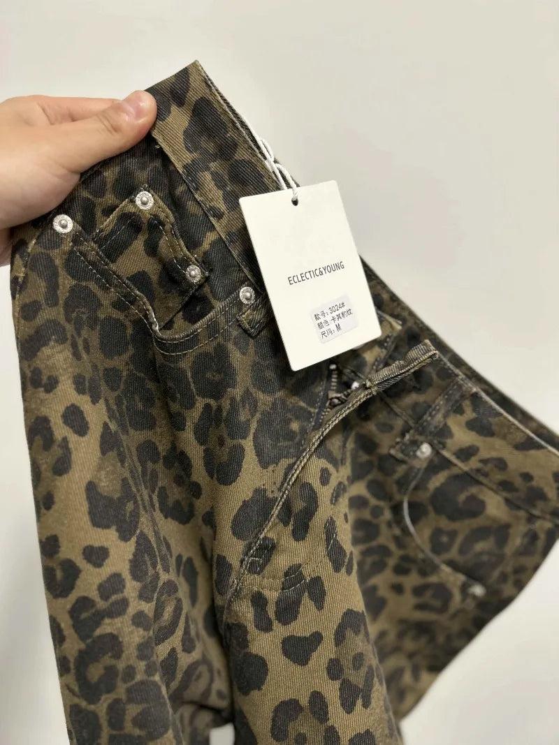 Wide-Leg High-Waisted Leopard Print Retro Jeans for Women, Y2K Oversized Casual Pants, Spring 2024