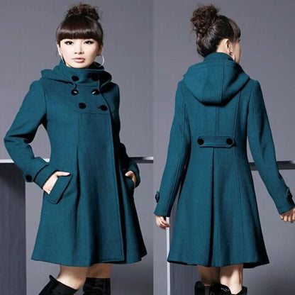 Ladies Green Woolen Jacket Mid-length Long Wool Hooded Double-breasted Cloak Win