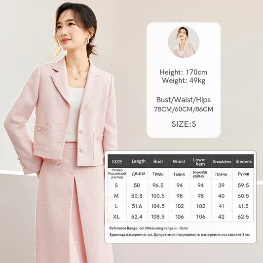 SENTUBILA Pink Elegant Cropped Tweed Jacket 2024 Spring Notched Single Breasted