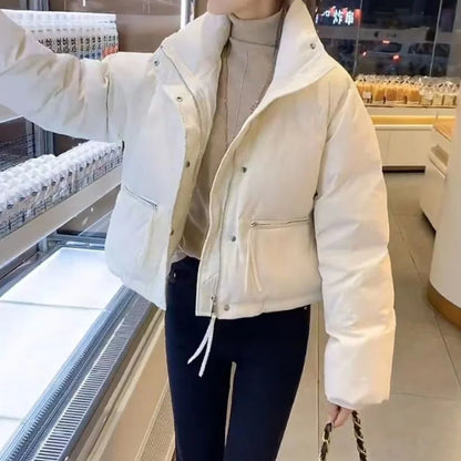 Women's Short Quilted Jacket, Cotton Coat, High Collar, Classic Solid Parka, Puffer Jacket, Casual, Sweet, Matches Everything, Winter Fashion