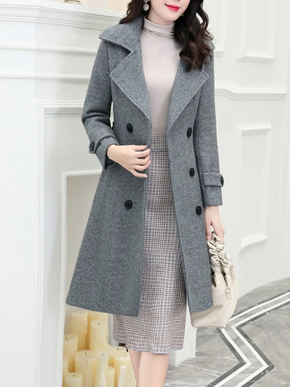 Korean Wool Blends Women Coats Lapel Double-Breasted Lined Trench Belt Ladies St