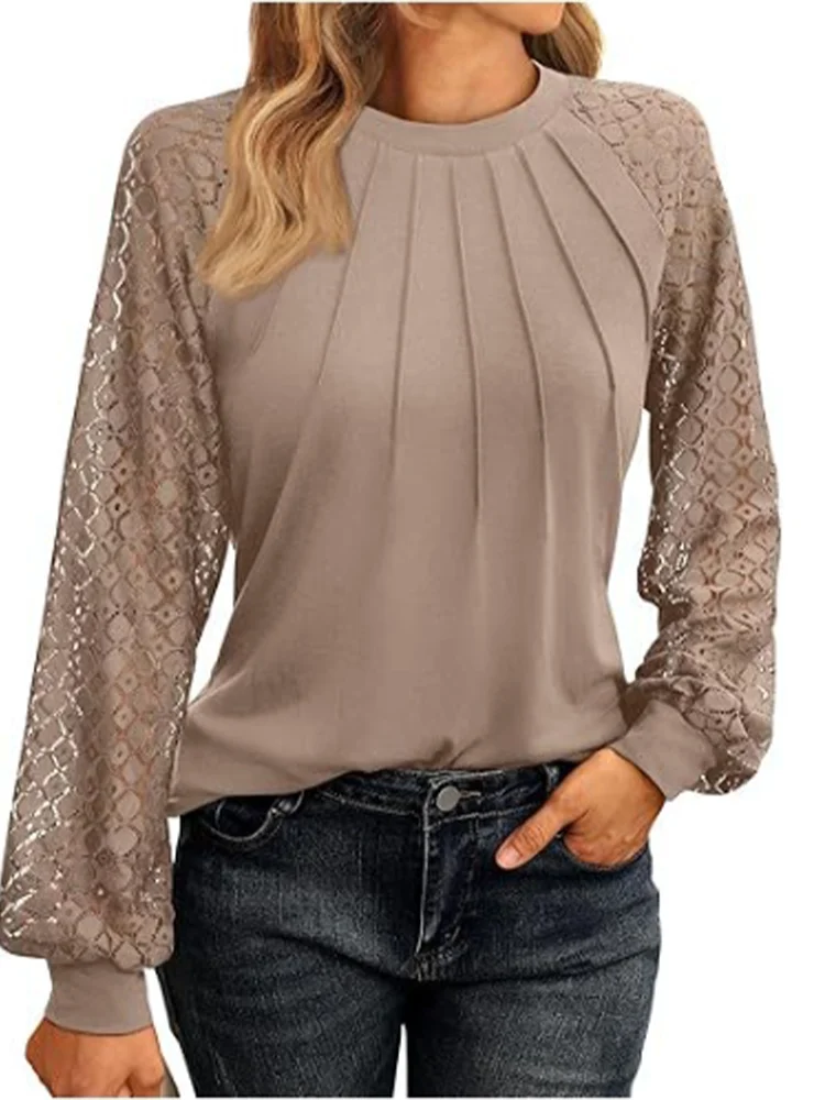 Elegant Women's Lace Blouse – Round Neck Lantern Sleeve Pleated Top for Autumn Casual Wear