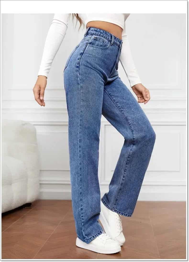 Calça jeans feminina reta de cintura alta, streetwear lavado, bolsos soltos, co