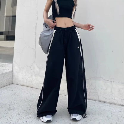 Calça casual de perna larga feminina de carga, Streetwear sólido com cordão,