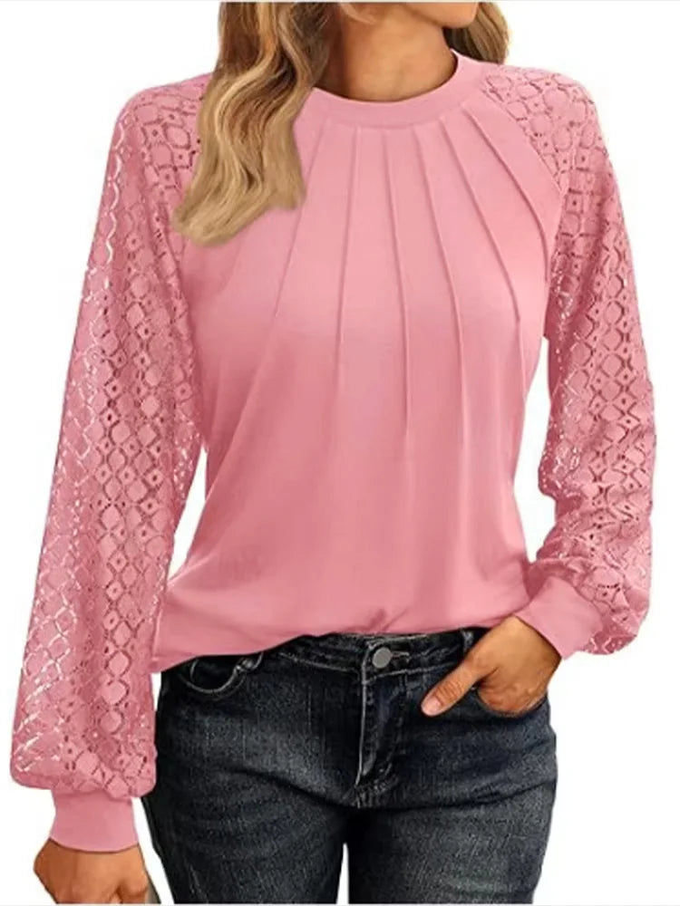 Elegant Women's Lace Blouse – Round Neck Lantern Sleeve Pleated Top for Autumn Casual Wear