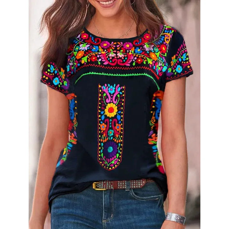 2024 Summer Women’s Bohemian Print Round Neck Short-Sleeve T-Shirt – Trendy European & American Style